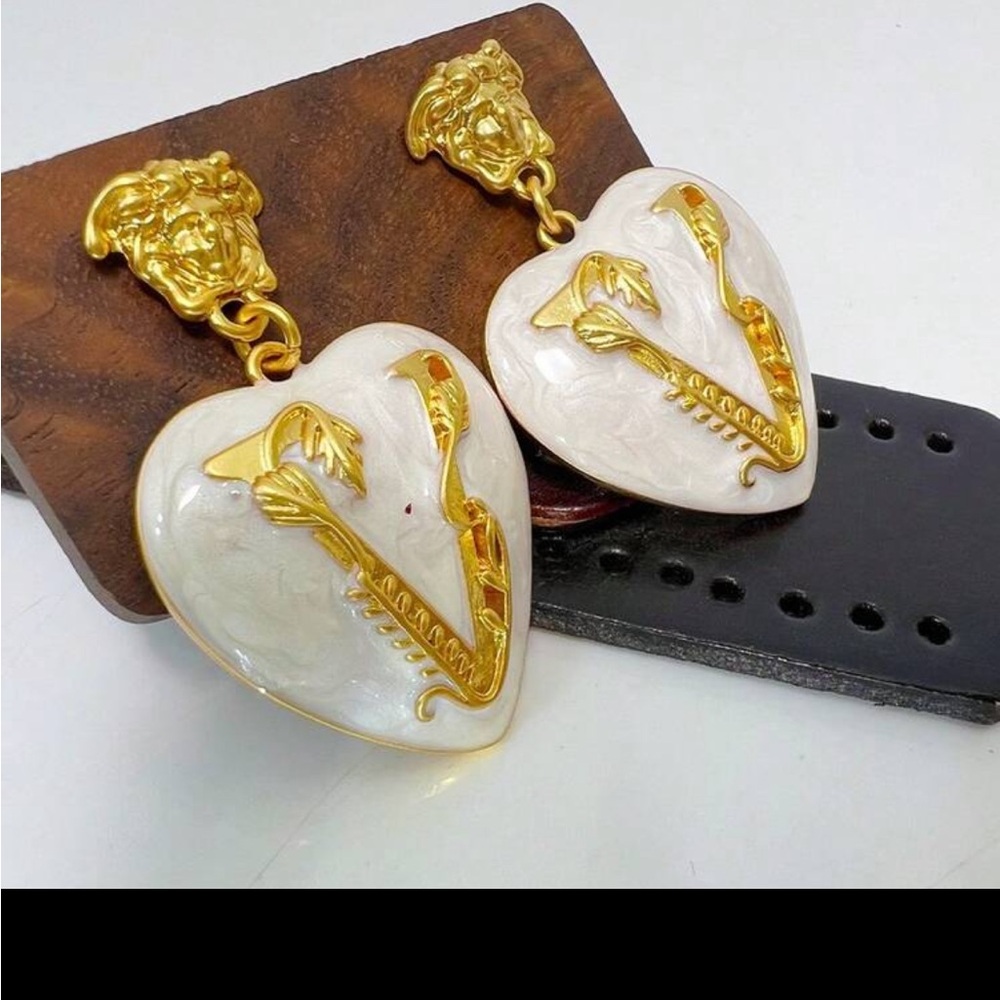 Versace Gold and White Heart Drop Earrings